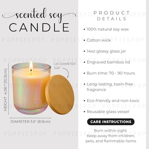 May include: A lit scented soy candle in a glossy glass jar with a wooden lid. The candle is 4.06 inches (10.3 cm) tall with a 3.5-inch (8.9 cm) diameter. The lid diameter is 3.25 inches. The candle has a burn time of 70-90 hours.