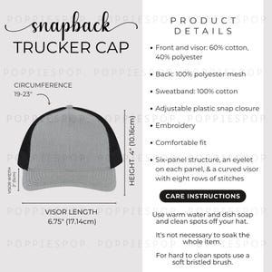 Heather Grey/Black Snapback Trucker Hat Size Chart, Trucker Hat Size Guide, Embroidery Cap Care Card, Printify Trucker Cap, Dad Cap Mockup