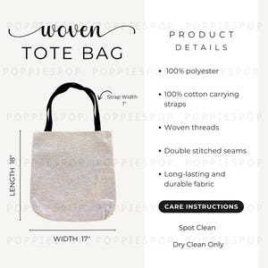Tabela de tamanhos de sacolas de tecido, modelo de sacola de tecido, cartão de cuidados com sacolas de tecido, sacola de travesseiro Printify, instruções de lavagem de sacolas de tecido