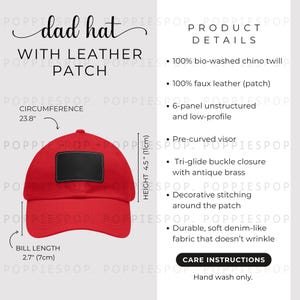 Red Dad Hat With Black Leather Patch Size Chart, Dad Cap Size Guide, Baseball Hat Care Card, Printify Dad Hat, Photo Listing, Hat Mockup