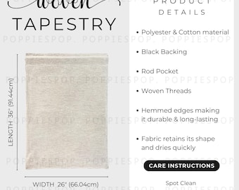 Woven Tapestry Size Chart, Woven Wall Hanging Size Chart Care, Woven Tapestries Care Card, Woven Tapestry Mockup, Printify Woven Tapestry