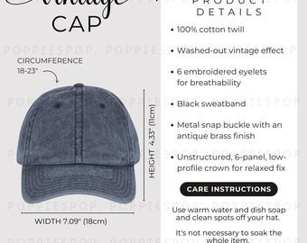 Navy Vintage Cap Size Chart, Vintage Hat Size Guide, Embroidered Cap Care Card, Printify Vintage Cap, Baseball Cap Mockup, Hat Mockup