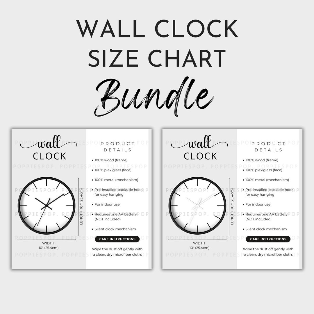 Wall Clock Size Chart Bundle, Rounded Wall Clock Size Guide, Indoor ...
