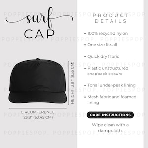 May include: Black surf cap with a circumference of 23.8 inches (60.45 cm) and a height of 3.8 inches (9.65 cm). The cap is made of 100% recycled nylon and has a plastic unstructured snapback closure. It features a tonal under-peak lining and mesh fabric with foamed lining. Care instructions: Wipe clean with a damp cloth.
