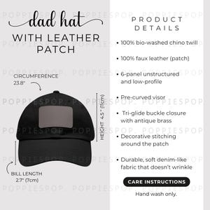 Black Dad Hat With Grey Leather Patch Size Chart, Dad Cap Size Guide, Baseball Hat Care Card, Printify Dad Hat, Photo Listing, Hat Mockup