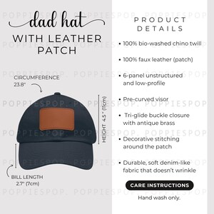 Navy Dad Hat With Brown Leather Patch Size Chart, Dad Cap Size Guide, Baseball Hat Care Card, Printify Dad Hat, Photo Listing, Hat Mockup