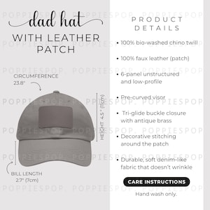 Grey Dad Hat With Grey Leather Patch Size Chart, Dad Cap Size Guide, Baseball Hat Care Card, Printify Dad Hat, Photo Listing, Hat Mockup