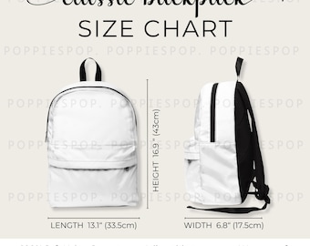 Größentabelle für klassischen Rucksack, Schulrucksack-Produktliste, Rucksack-Größentabelle, klassischer Rucksack-Mockup, klassischer Rucksack für Kinder und Erwachsene