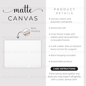 Onderhoudskaart voor mat canvas, onderhoudsinstructies voor muurcanvas, printify wasinstructies voor mat canvas, mat canvas mockup, canvasafdrukdetails