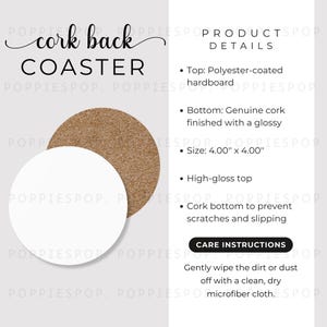 May include: A cork back coaster with a white top and a cork bottom. The coaster is 4.00" x 4.00" and has a high-gloss top. The text "cork back COASTER" is at the top.