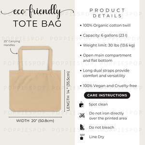 May include: A beige tote bag made from 100% organic cotton twill. The bag has 25-inch carrying handles, a 14-inch length, and a 20-inch width. The bag has an open main compartment with a flat bottom and long dual straps for comfort and versatility. The bag is 100% vegan and cruelty-free. Care instructions include spot cleaning, not ironing directly over the printed area, not bleaching, and line drying.
