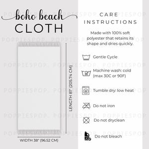 Tabela de tamanhos de toalhas de praia Boho, cartão de cuidados com toalhas de praia, instruções de cuidados com toalhas de praia, toalha de praia Printify, modelo de toalha de praia, cobertor de piquenique