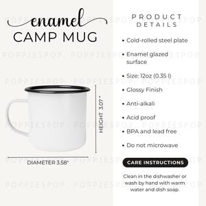 Maqueta de taza de campamento, tabla de tallas de tazas de camping, tarjeta de cuidado de taza para fogata, maqueta de taza de campista, taza de Printify, instrucciones de cuidado de tazas, maqueta de taza de café