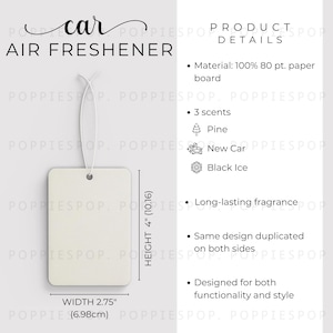 May include: Rectangular car air freshener made of paper board, 4 inches (10.16 cm) high and 2.75 inches (6.98 cm) wide. The product details include three scents: Pine, New Car, and Black Ice. The design is duplicated on both sides.