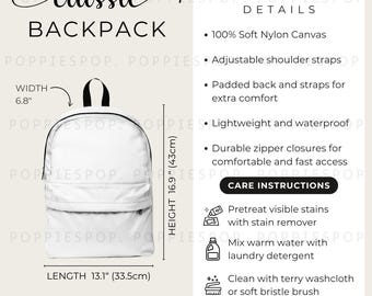 Größentabelle für klassischen Rucksack, Schulrucksack-Produktliste, Rucksack-Größentabelle, klassischer Rucksack-Mockup, klassischer Rucksack für Kinder und Erwachsene