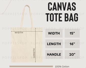 May include: A natural canvas tote bag with a 15 inch width, 16 inch length, and 20 inch handles. The bag is made of 100% cotton.