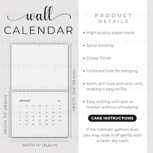 May include: A white wall calendar with spiral binding, featuring the month of January 2025. The calendar is 11.5 inches (29.2cm) high and 14 inches (35.6cm) wide, with a height of 22.9 inches (58.4cm) when open. Text includes "wall calendar" and "Product Details".