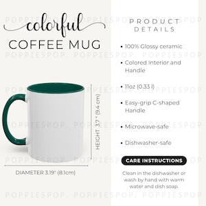 Peut inclure: Une tasse à café en céramique blanche avec un bord et une poignée verts. La tasse mesure 9,4 cm de haut et 8,1 cm de diamètre. Elle est adaptée au micro-ondes et au lave-vaisselle.