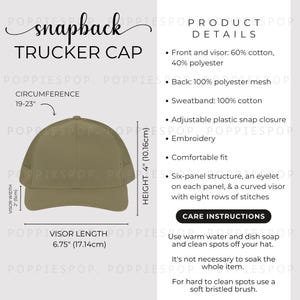 Loden Snapback Trucker Hat Size Chart, Trucker Hat Size Guide, Embroidery Cap Care Card, Printify Trucker Cap, Dad Cap Mockup