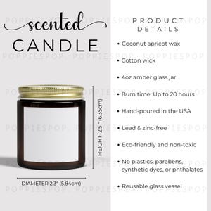 Tabela de tamanhos de velas perfumadas de 4 onças, guia de tamanhos de velas em jarra âmbar, tabela de tamanhos de velas de vidro, tabela de tamanhos de velas, vela Printify, maquete de velas