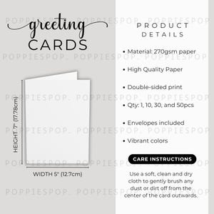 May include: A white greeting card measuring 5 inches in width and 7 inches in height. Product details list 270gsm paper, double-sided print, quantities of 1, 10, 30, and 50 pieces, and included envelopes. Care instructions advise cleaning with a soft cloth.