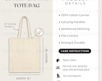 Canvas Tote Bag Size Chart, Canvas Washing Care Card, Canvas Tote Bag Washing Instructions, Liberty Bags OAD113 Care Card, Printify Tote Bag