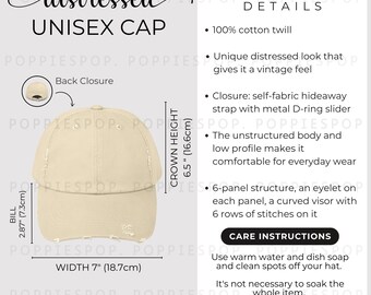Tabela rozmiarów czapek unisex Stone Distressed, przewodnik po rozmiarach czapek dla taty, karta do pielęgnacji czapek baseballowych, czapka dla taty Printify, makieta czapki dla taty, tabela rozmiarów czapek plażowych