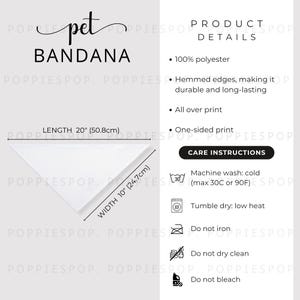May include: White pet bandana with the text "pet BANDANA". The bandana is 20 inches (50.8cm) long and 10 inches (24.7cm) wide. Product details include 100% polyester, hemmed edges, and one-sided print.