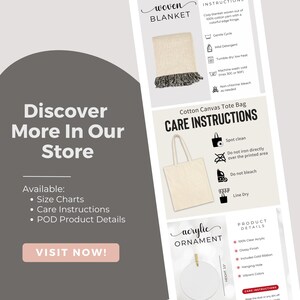 May include: A graphic with a woven blanket, a tote bag, and an acrylic ornament. The graphic includes care instructions for each item. The text "Discover More In Our Store" and "Visit Now!" are also included.