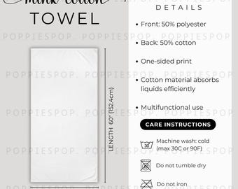 30 x 60 Mink-Cotton Towel Size Chart, Cotton Towel Care Card, Printify Mink-Cotton Towel, Beach Towel Size Guide, Digital Download, PNG