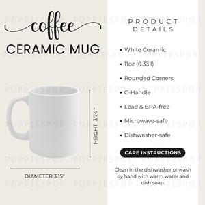 Tabla de tamaños de tazas de cerámica de 11 oz, tarjeta de cuidado de tazas blancas, maqueta de taza de café, taza Printify, instrucciones de cuidado de tazas, instrucciones de lavado de tazas de café
