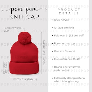 Tabella delle taglie per berretto in maglia con pompon rosso, Guida alle taglie per berretto in maglia, Berretto in maglia con pompon Printify, Elenco foto, Guida alle taglie per cappelli invernali, Modello di berretto in maglia