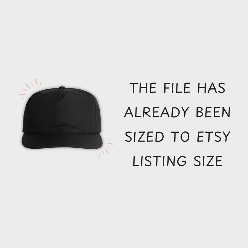 May include: A black baseball cap with a flat brim. The file has already been sized to Etsy listing size.