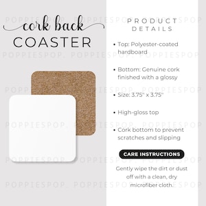 Pode incluir: Uma base de copo quadrada com verso em cortiça, parte superior branca e inferior em cortiça castanha. A base de copo tem 9,5 x 9,5 cm. O texto "cork back COASTER" está na parte superior da imagem.