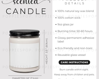 May include: A scented candle in a 9oz glass jar with a black lid. The candle is 3.5 inches tall and 2.8 inches in diameter. Product details include a 100% natural soy wax blend, 100% cotton wick, 50-60 hour burn time, and a reusable glass vessel.