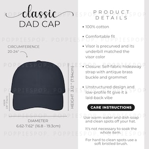 Navy Classic Dad Cap Größentabelle, Dad Cap Größentabelle, Baseballmütze Pflegekarte, Printstifte Classic Dad Cap, Dad Hut Mockup, Beach Cap Größentabelle