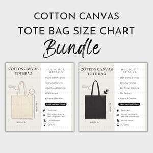 Pacote de tabela de tamanhos de sacolas de lona, cartão de cuidados com sacolas de lona, instruções de lavagem de sacolas de lona, cartão de cuidados Liberty Bags OAD113, sacola Printify