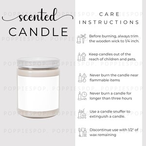 Cartão de cuidados com velas perfumadas de 9 onças, instruções de uso de velas de vidro, instruções de velas, cartão de cuidados com velas brancas, vela Printify, maquete de velas