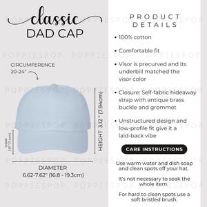 Hellblaue klassische Dad-Cap-Größentabelle, Dad-Cap-Größentabelle, Baseball-Hut-Pflege-Karte, Printstifte Dad-Cap, Dad-Hut-Mockup, Beach-Cap-Größentabelle
