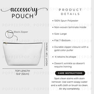 Tabela de tamanhos de bolsas grandes para acessórios, guia de tamanhos de bolsas de maquiagem, tabela de tamanhos de bolsas de cosméticos, bolsa para acessórios Printify, cartão de cuidados com a bolsa preta com zíper