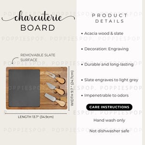 May include: A charcuterie board with a removable slate surface, 13.7 inches long and 9.7 inches wide. The board is made of acacia wood and slate, with three cheese knives. The text "charcuterie board" is at the top.