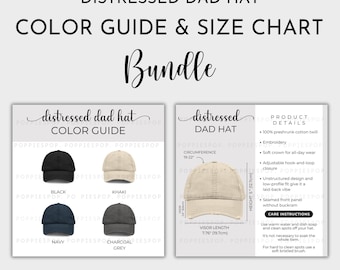 Tabela rozmiarów i przewodnik po kolorach czapek Distressed Dad, przewodnik po rozmiarach czapek Khaki Dad, karta do pielęgnacji czapek baseballowych, Printify Distressed Dad Cap, makieta czapek plażowych