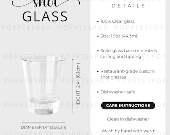 1.5oz Shot Glass Size Chart, Shot Glass Care Card, Shot Glass Size Guide, Printify Shot Glass, Clear Shot Glass Listing Card, Glass Mockup