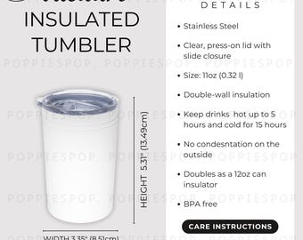 White Insulated Vacuum Tumbler Size Chart, Tumbler Care Card, 11oz Tumbler Size Guide, Tumbler Care Instructions, Printify Insulated Tumbler