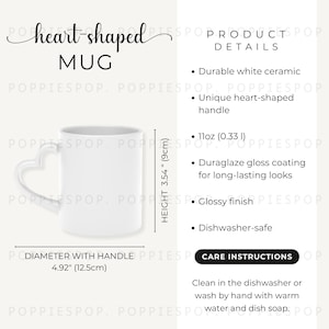 Tabela de tamanhos de canecas em formato de coração de 11 oz, guia de tamanhos de canecas de cerâmica, cartão de cuidados com canecas de cerâmica branca, caneca em formato de coração Printify, modelo de caneca de café branca