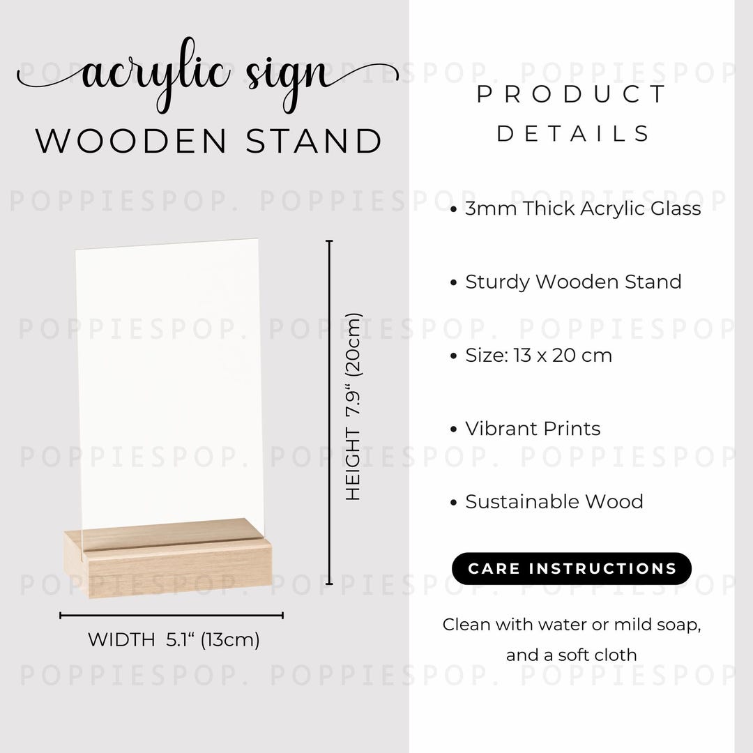13x20cm Acrylic Sign Size Chart, Acrylic Sign With Wooden Stand Care