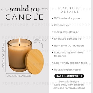 May include: A lit scented soy candle in a glass jar with a bamboo lid. The candle is 4.06 inches (10.3 cm) tall with a 3.5-inch (8.9 cm) diameter. The lid diameter is 3.25 inches. The product details include 100% natural soy wax and a burn time of 70-90 hours.