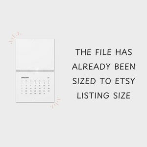 Może przedstawiać: Czarno-biały kalendarz z miesiącem styczeń. Tekst "THE FILE HAS ALREADY BEEN SIZED TO ETSY LISTING SIZE" jest napisany czarnym kolorem na białym tle.
