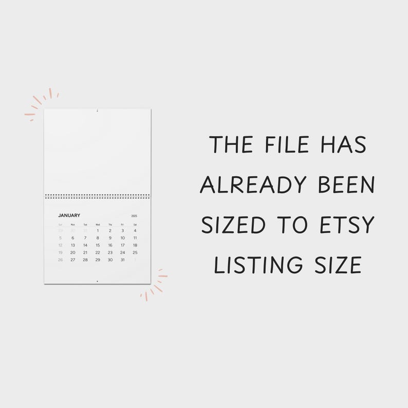 Może przedstawiać: Czarno-biały kalendarz z miesiącem styczeń. Tekst "THE FILE HAS ALREADY BEEN SIZED TO ETSY LISTING SIZE" jest napisany czarnym kolorem na białym tle.