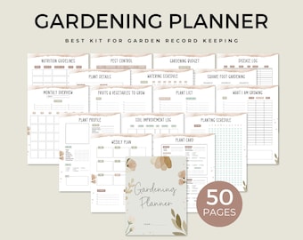 May include: A printable gardening planner with 50 pages. The planner includes sections for nutrition guidelines, pest control, gardening budget, disease log, watering schedule, square foot gardening, fruits and vegetables to grow, plant list, what I am growing, plant profile, soil improvement log, weekly plan, plant card, and planting schedule.